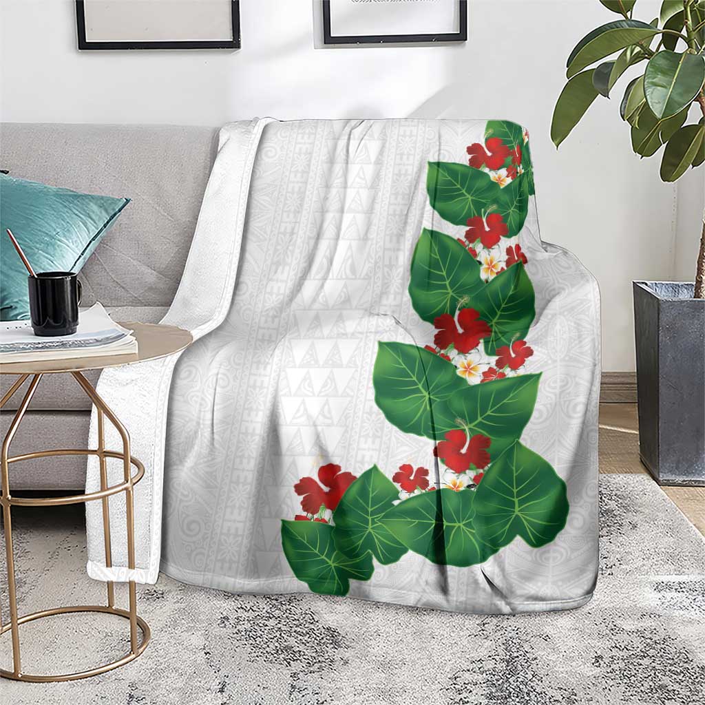 Hawaiian Taro Leaves-Hibiscus and Plumeria Blanket Polynesian Art-Kakau Tattoo White LT03 - Polynesian Pride