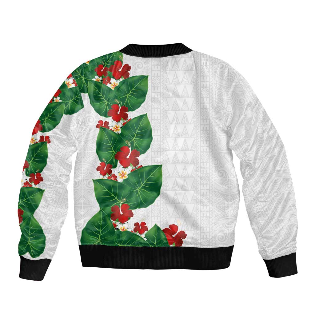 Hawaiian Taro Leaves-Hibiscus and Plumeria Bomber Jacket Polynesian Art-Kakau Tattoo White LT03 - Polynesian Pride