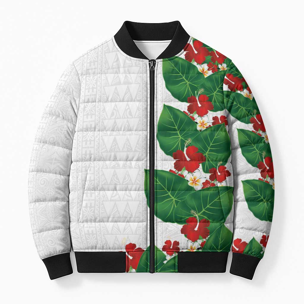 Hawaiian Taro Leaves-Hibiscus and Plumeria Bomber Puffer Jacket Polynesian Art-Kakau Tattoo White