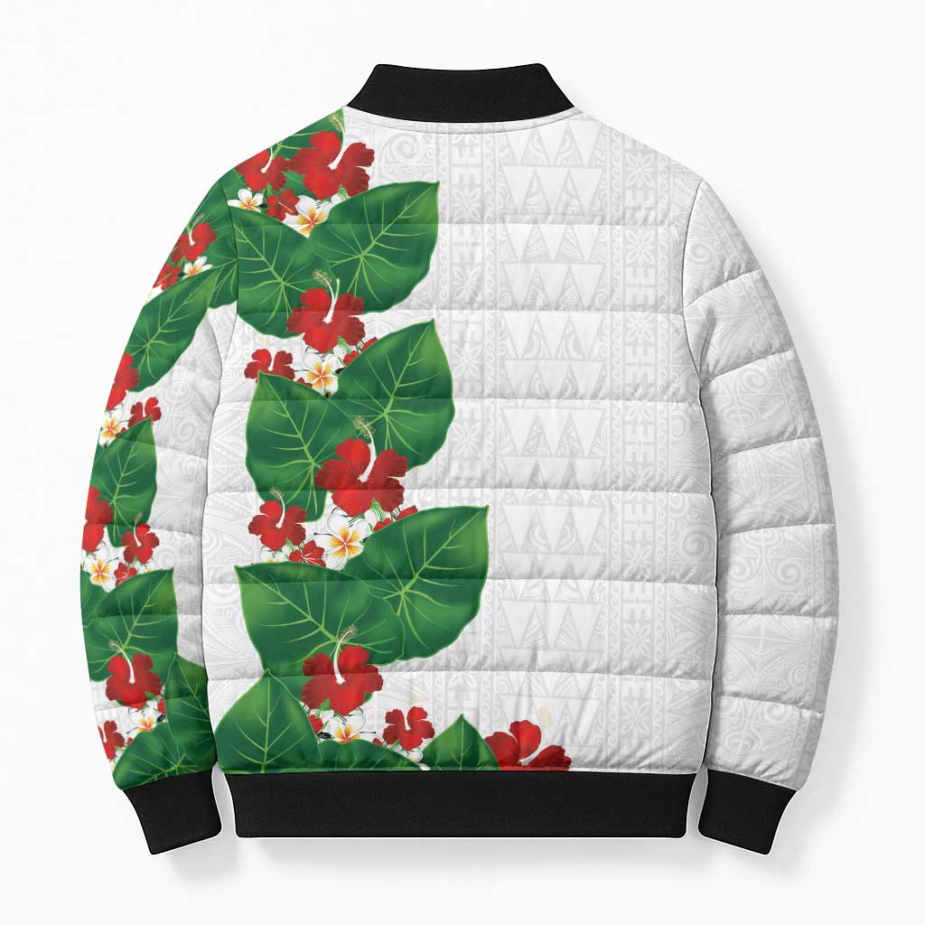 Hawaiian Taro Leaves-Hibiscus and Plumeria Bomber Puffer Jacket Polynesian Art-Kakau Tattoo White