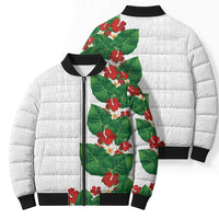 Hawaiian Taro Leaves-Hibiscus and Plumeria Bomber Puffer Jacket Polynesian Art-Kakau Tattoo White