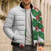 Hawaiian Taro Leaves-Hibiscus and Plumeria Bomber Puffer Jacket Polynesian Art-Kakau Tattoo White