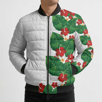 Hawaiian Taro Leaves-Hibiscus and Plumeria Bomber Puffer Jacket Polynesian Art-Kakau Tattoo White
