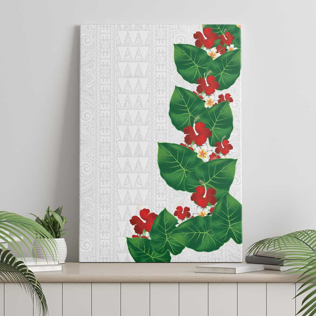 Hawaiian Taro Leaves-Hibiscus and Plumeria Canvas Wall Art Polynesian Art-Kakau Tattoo White