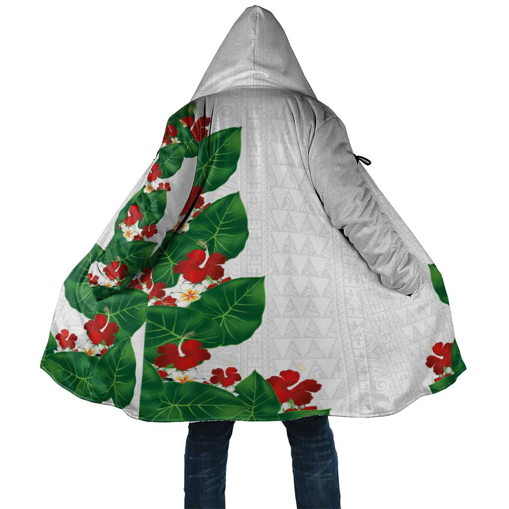 Hawaiian Taro Leaves-Hibiscus and Plumeria Cloak Polynesian Art-Kakau Tattoo White