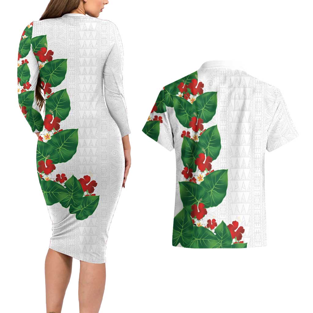 Hawaiian Taro Leaves-Hibiscus and Plumeria Couples Matching Long Sleeve Bodycon Dress and Hawaiian Shirt Polynesian Art-Kakau Tattoo White