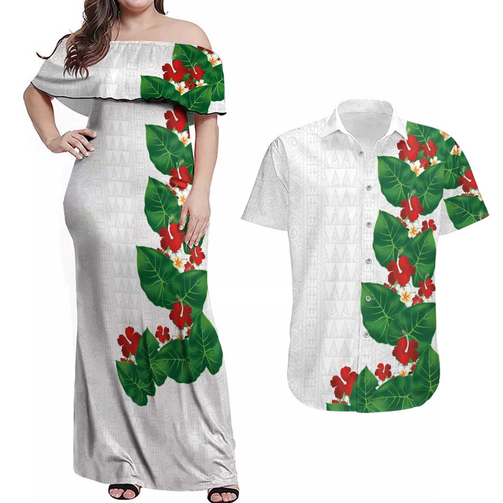 Hawaiian Taro Leaves-Hibiscus and Plumeria Couples Matching Off Shoulder Maxi Dress and Hawaiian Shirt Polynesian Art-Kakau Tattoo White