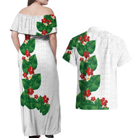 Hawaiian Taro Leaves-Hibiscus and Plumeria Couples Matching Off Shoulder Maxi Dress and Hawaiian Shirt Polynesian Art-Kakau Tattoo White