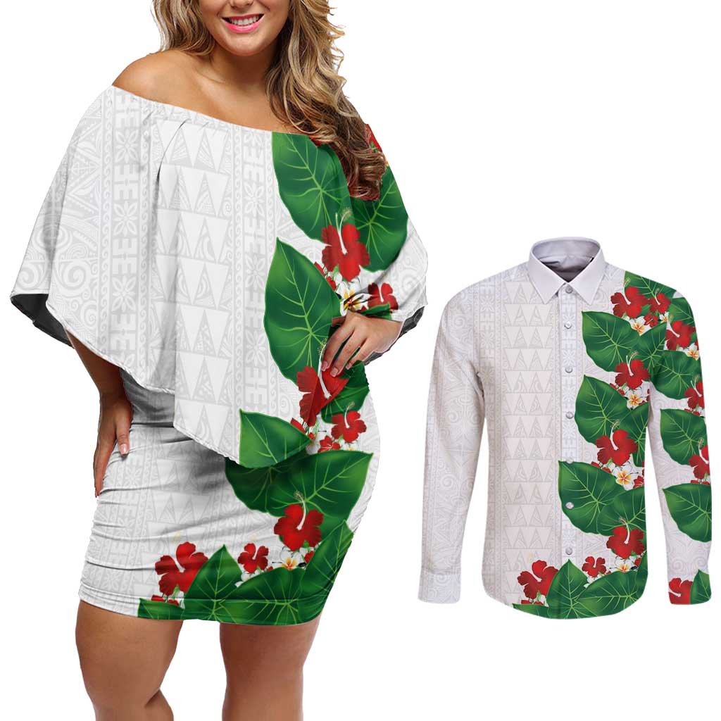 Hawaiian Taro Leaves-Hibiscus and Plumeria Couples Matching Off Shoulder Short Dress and Long Sleeve Button Shirt Polynesian Art-Kakau Tattoo White
