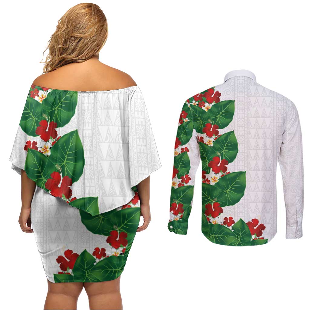 Hawaiian Taro Leaves-Hibiscus and Plumeria Couples Matching Off Shoulder Short Dress and Long Sleeve Button Shirt Polynesian Art-Kakau Tattoo White