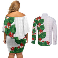 Hawaiian Taro Leaves-Hibiscus and Plumeria Couples Matching Off Shoulder Short Dress and Long Sleeve Button Shirt Polynesian Art-Kakau Tattoo White