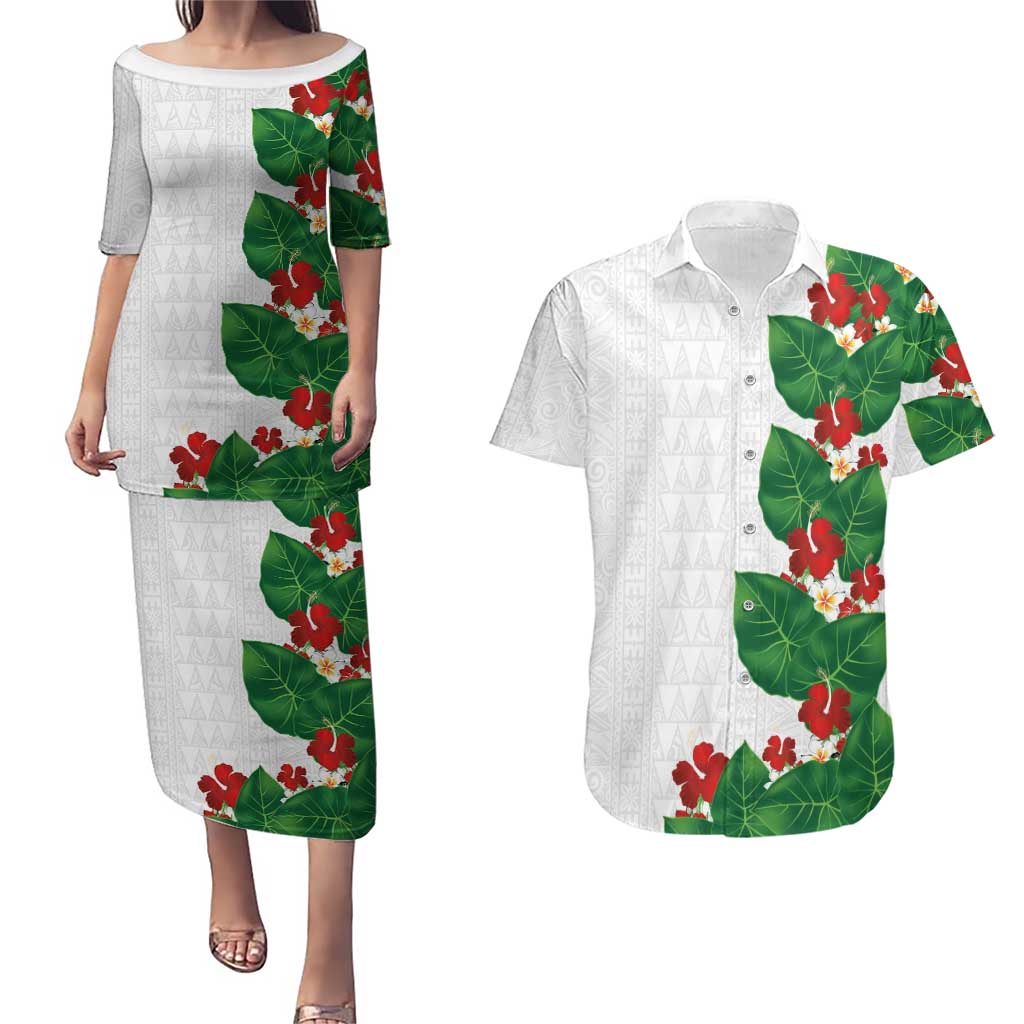 Hawaiian Taro Leaves-Hibiscus and Plumeria Couples Matching Puletasi and Hawaiian Shirt Polynesian Art-Kakau Tattoo White