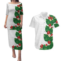 Hawaiian Taro Leaves-Hibiscus and Plumeria Couples Matching Puletasi and Hawaiian Shirt Polynesian Art-Kakau Tattoo White