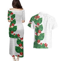 Hawaiian Taro Leaves-Hibiscus and Plumeria Couples Matching Puletasi and Hawaiian Shirt Polynesian Art-Kakau Tattoo White