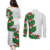 Hawaiian Taro Leaves-Hibiscus and Plumeria Couples Matching Puletasi and Long Sleeve Button Shirt Polynesian Art-Kakau Tattoo White