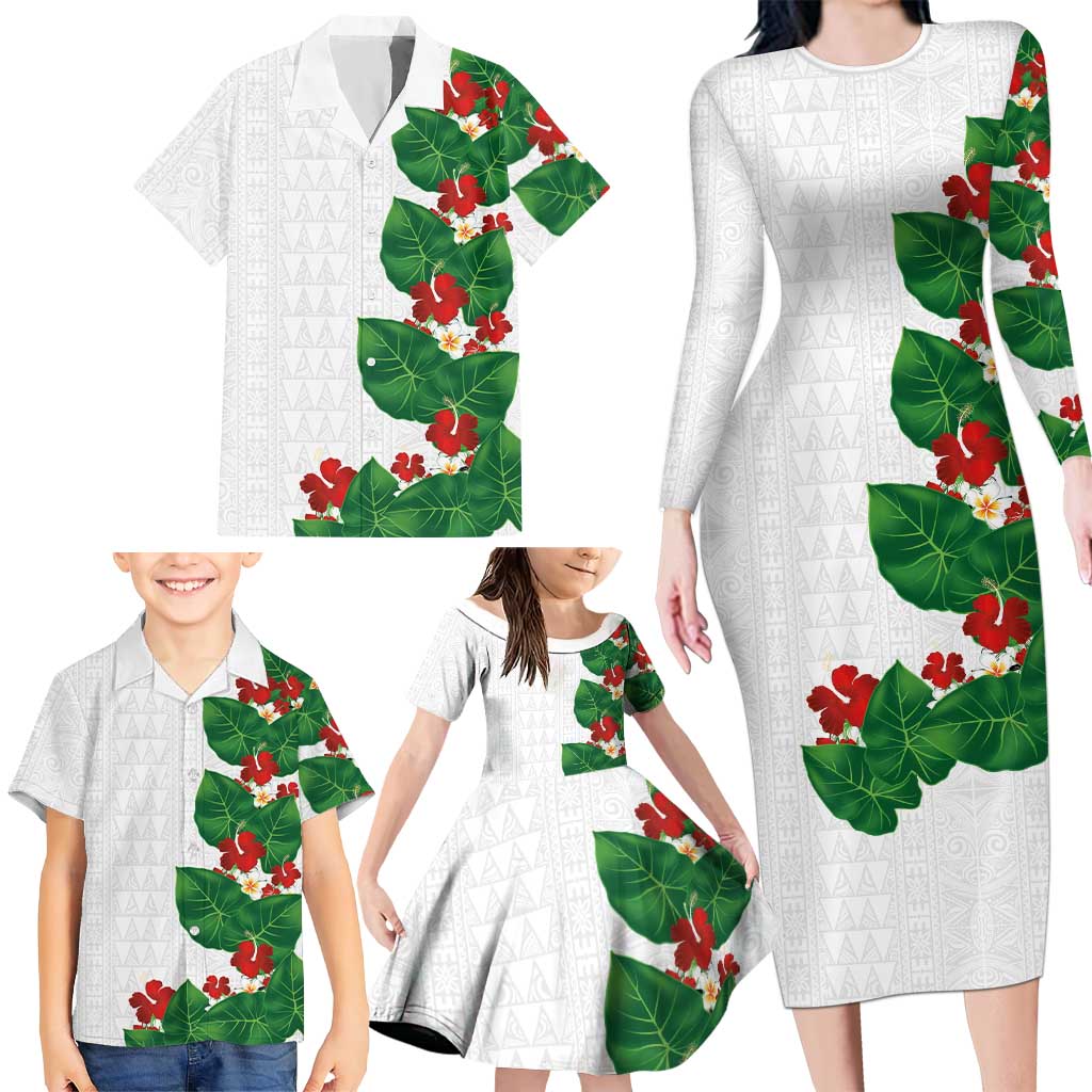 Hawaiian Taro Leaves-Hibiscus and Plumeria Family Matching Long Sleeve Bodycon Dress and Hawaiian Shirt Polynesian Art-Kakau Tattoo White