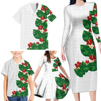 Hawaiian Taro Leaves-Hibiscus and Plumeria Family Matching Long Sleeve Bodycon Dress and Hawaiian Shirt Polynesian Art-Kakau Tattoo White