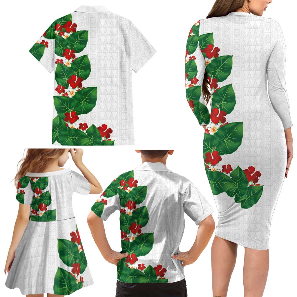 Hawaiian Taro Leaves-Hibiscus and Plumeria Family Matching Long Sleeve Bodycon Dress and Hawaiian Shirt Polynesian Art-Kakau Tattoo White