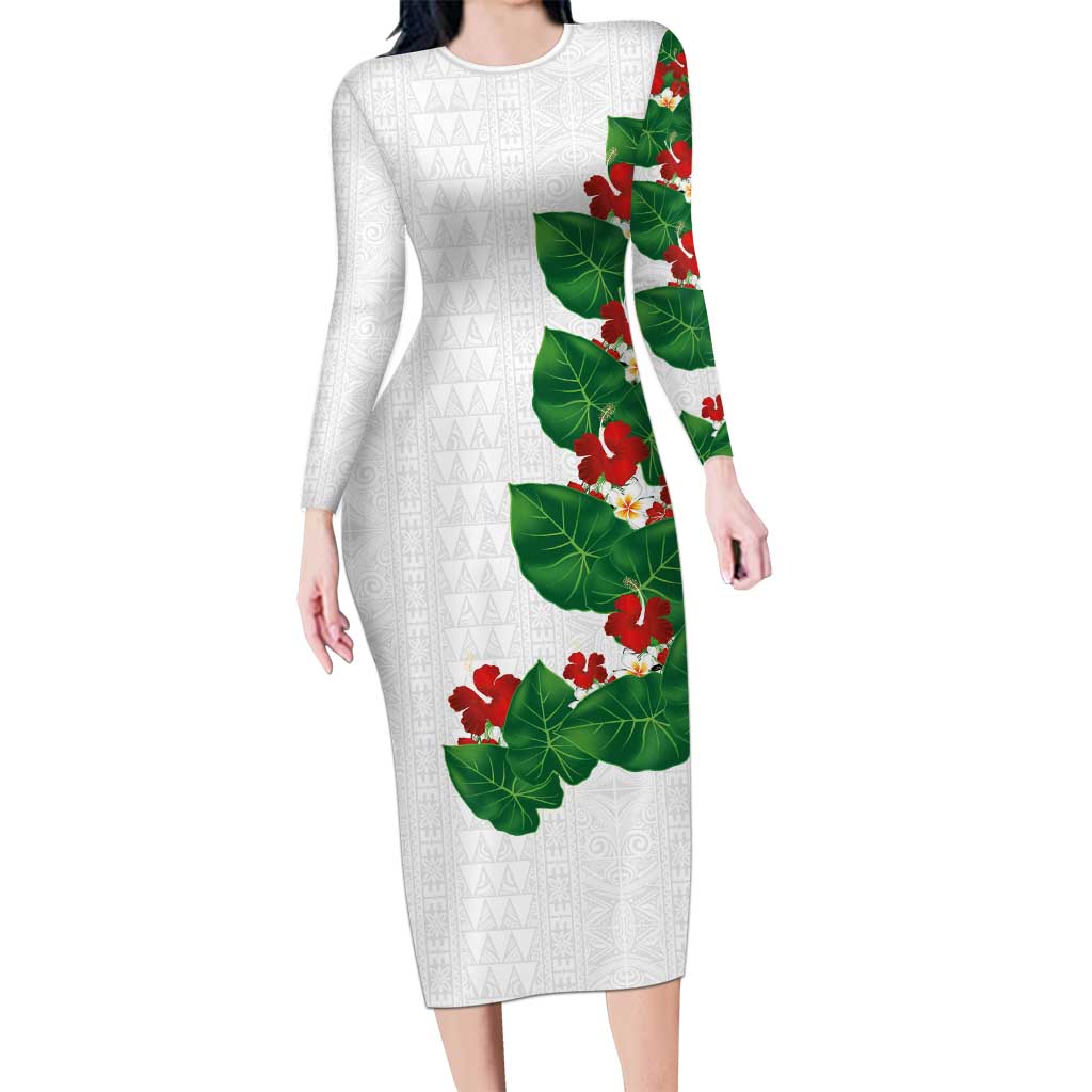 Hawaiian Taro Leaves-Hibiscus and Plumeria Family Matching Long Sleeve Bodycon Dress and Hawaiian Shirt Polynesian Art-Kakau Tattoo White