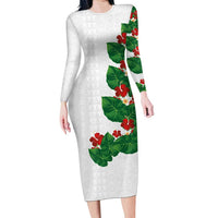 Hawaiian Taro Leaves-Hibiscus and Plumeria Family Matching Long Sleeve Bodycon Dress and Hawaiian Shirt Polynesian Art-Kakau Tattoo White