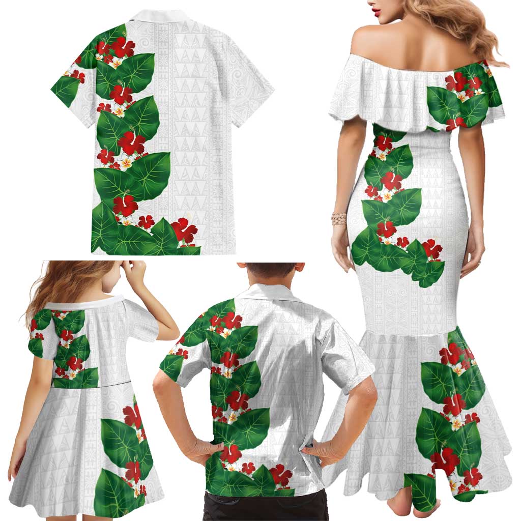 Hawaiian Taro Leaves-Hibiscus and Plumeria Family Matching Mermaid Dress and Hawaiian Shirt Polynesian Art-Kakau Tattoo White