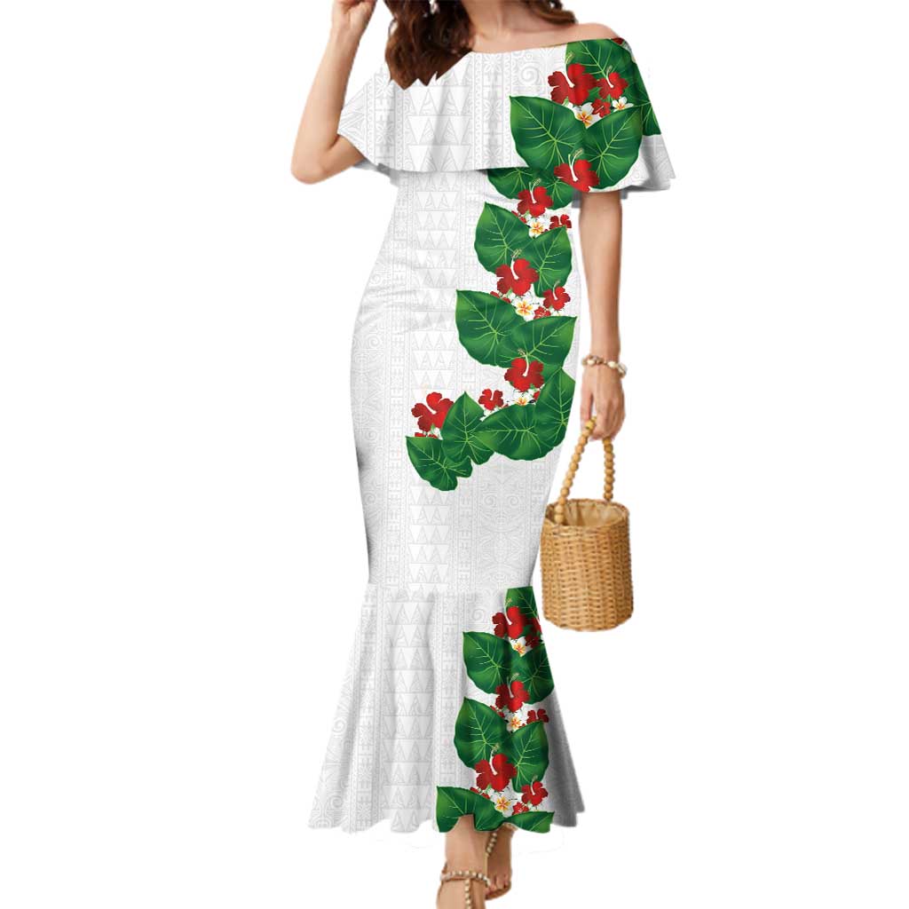 Hawaiian Taro Leaves-Hibiscus and Plumeria Family Matching Mermaid Dress and Hawaiian Shirt Polynesian Art-Kakau Tattoo White