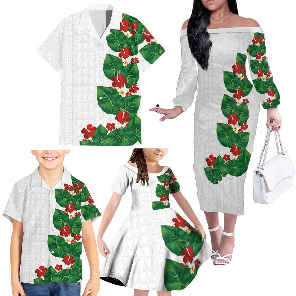 Hawaiian Taro Leaves-Hibiscus and Plumeria Family Matching Off The Shoulder Long Sleeve Dress and Hawaiian Shirt Polynesian Art-Kakau Tattoo White