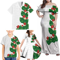 Hawaiian Taro Leaves-Hibiscus and Plumeria Family Matching Off Shoulder Maxi Dress and Hawaiian Shirt Polynesian Art-Kakau Tattoo White