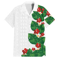 Hawaiian Taro Leaves-Hibiscus and Plumeria Family Matching Off Shoulder Maxi Dress and Hawaiian Shirt Polynesian Art-Kakau Tattoo White