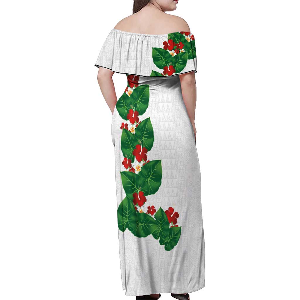 Hawaiian Taro Leaves-Hibiscus and Plumeria Family Matching Off Shoulder Maxi Dress and Hawaiian Shirt Polynesian Art-Kakau Tattoo White