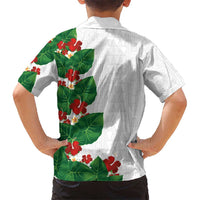 Hawaiian Taro Leaves-Hibiscus and Plumeria Family Matching Off Shoulder Short Dress and Hawaiian Shirt Polynesian Art-Kakau Tattoo White