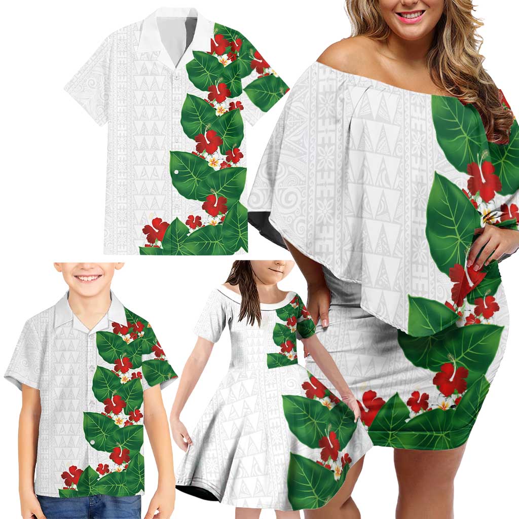 Hawaiian Taro Leaves-Hibiscus and Plumeria Family Matching Off Shoulder Short Dress and Hawaiian Shirt Polynesian Art-Kakau Tattoo White