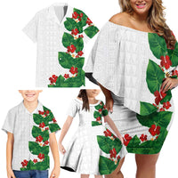 Hawaiian Taro Leaves-Hibiscus and Plumeria Family Matching Off Shoulder Short Dress and Hawaiian Shirt Polynesian Art-Kakau Tattoo White