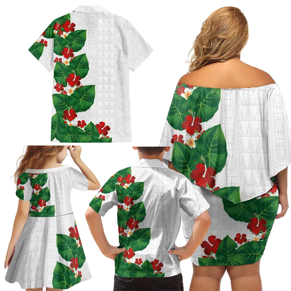 Hawaiian Taro Leaves-Hibiscus and Plumeria Family Matching Off Shoulder Short Dress and Hawaiian Shirt Polynesian Art-Kakau Tattoo White