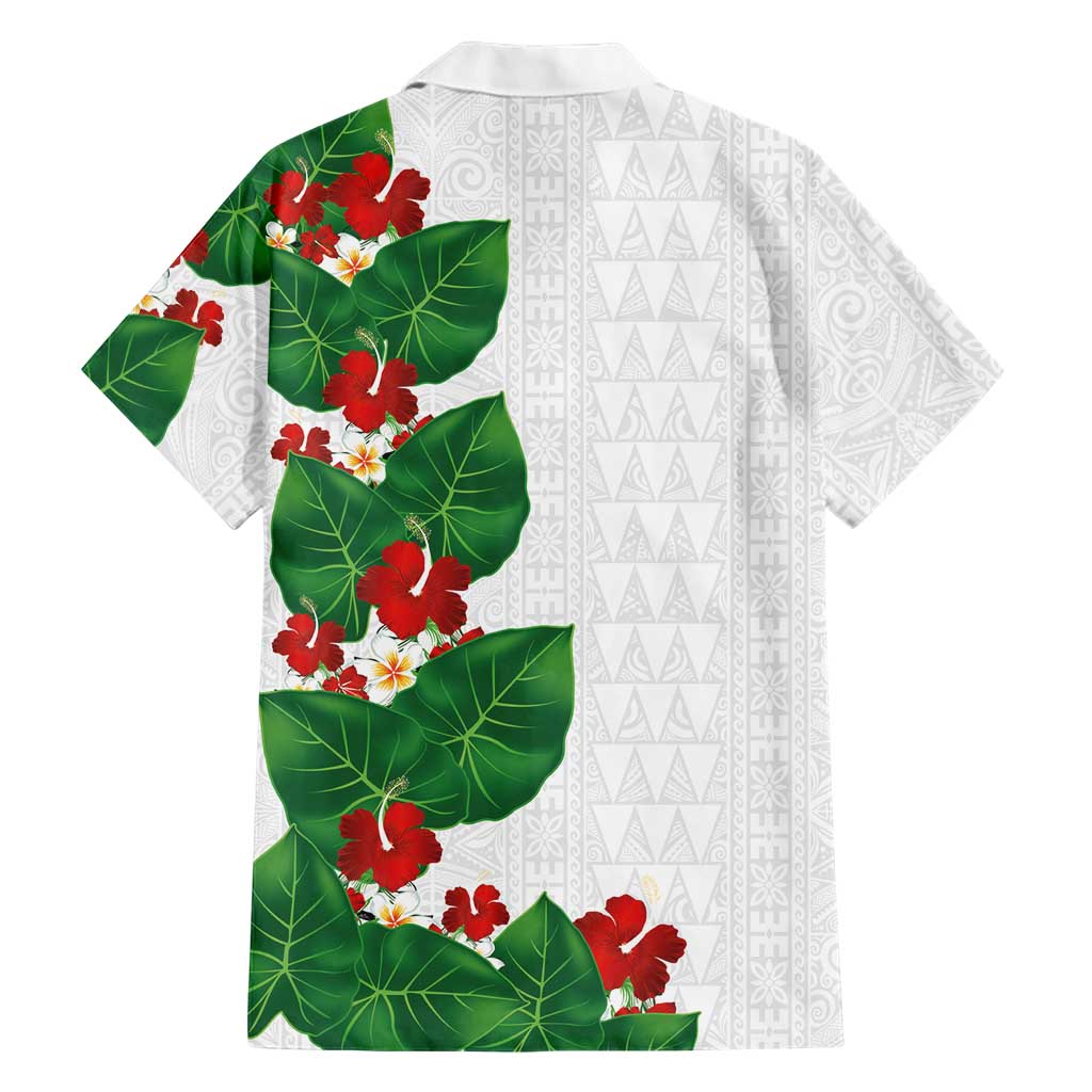 Hawaiian Taro Leaves-Hibiscus and Plumeria Family Matching Off Shoulder Short Dress and Hawaiian Shirt Polynesian Art-Kakau Tattoo White
