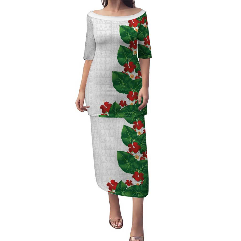 Hawaiian Taro Leaves-Hibiscus and Plumeria Family Matching Puletasi and Hawaiian Shirt Polynesian Art-Kakau Tattoo White