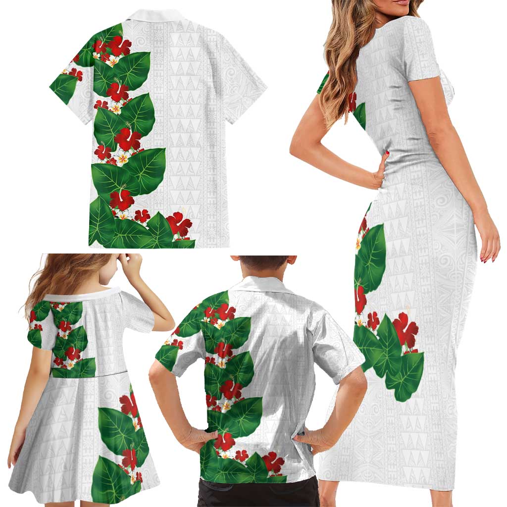 Hawaiian Taro Leaves-Hibiscus and Plumeria Family Matching Short Sleeve Bodycon Dress and Hawaiian Shirt Polynesian Art-Kakau Tattoo White