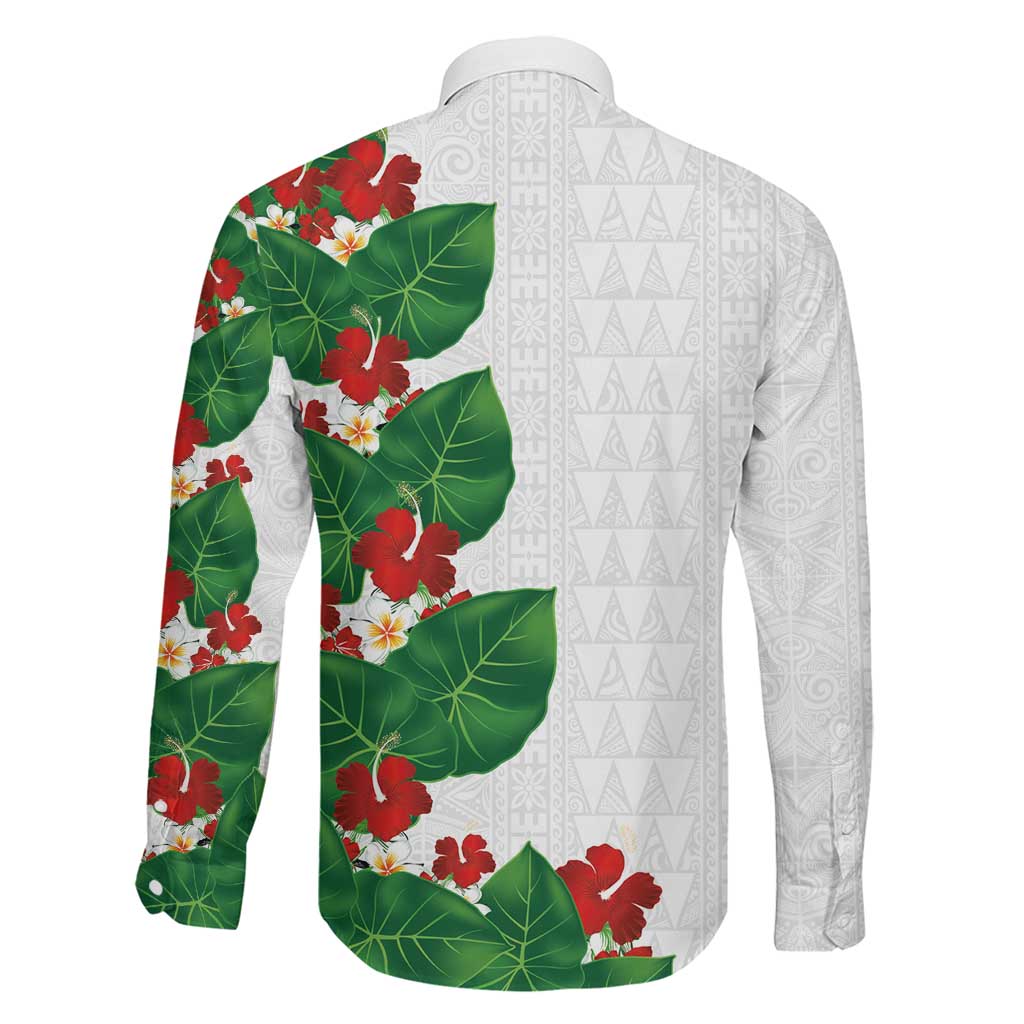 Hawaiian Taro Leaves-Hibiscus and Plumeria Family Matching Short Sleeve Bodycon Dress and Hawaiian Shirt Polynesian Art-Kakau Tattoo White