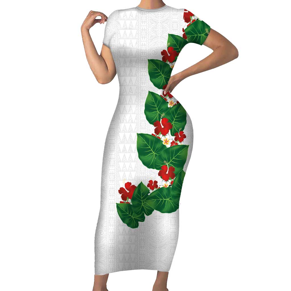 Hawaiian Taro Leaves-Hibiscus and Plumeria Family Matching Short Sleeve Bodycon Dress and Hawaiian Shirt Polynesian Art-Kakau Tattoo White