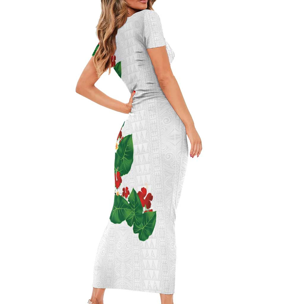 Hawaiian Taro Leaves-Hibiscus and Plumeria Family Matching Short Sleeve Bodycon Dress and Hawaiian Shirt Polynesian Art-Kakau Tattoo White