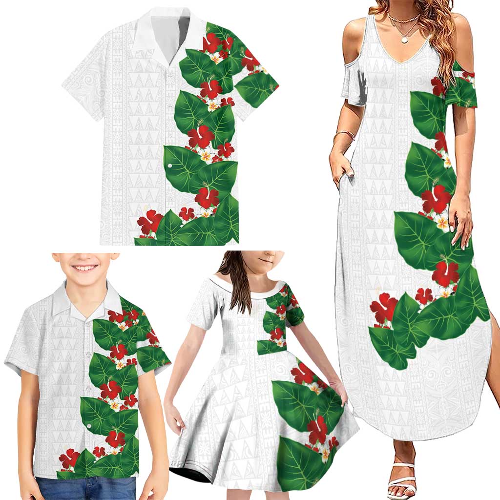 Hawaiian Taro Leaves-Hibiscus and Plumeria Family Matching Summer Maxi Dress and Hawaiian Shirt Polynesian Art-Kakau Tattoo White