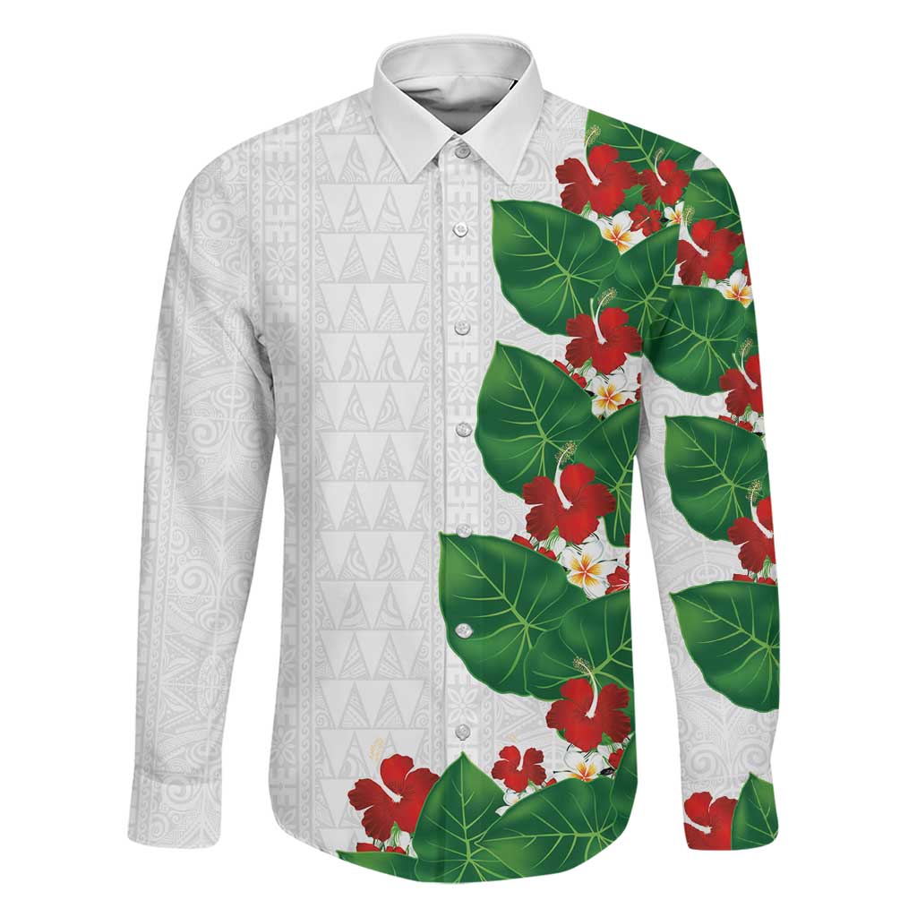 Hawaiian Taro Leaves-Hibiscus and Plumeria Family Matching Summer Maxi Dress and Hawaiian Shirt Polynesian Art-Kakau Tattoo White