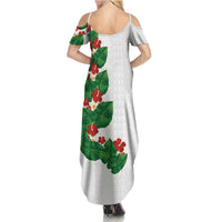 Hawaiian Taro Leaves-Hibiscus and Plumeria Family Matching Summer Maxi Dress and Hawaiian Shirt Polynesian Art-Kakau Tattoo White