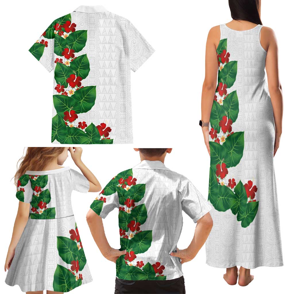 Hawaiian Taro Leaves-Hibiscus and Plumeria Family Matching Tank Maxi Dress and Hawaiian Shirt Polynesian Art-Kakau Tattoo White
