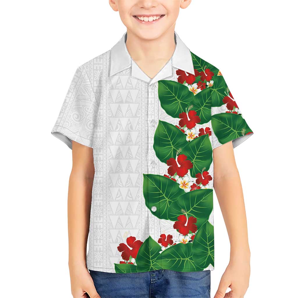 Hawaiian Taro Leaves-Hibiscus and Plumeria Family Matching Tank Maxi Dress and Hawaiian Shirt Polynesian Art-Kakau Tattoo White