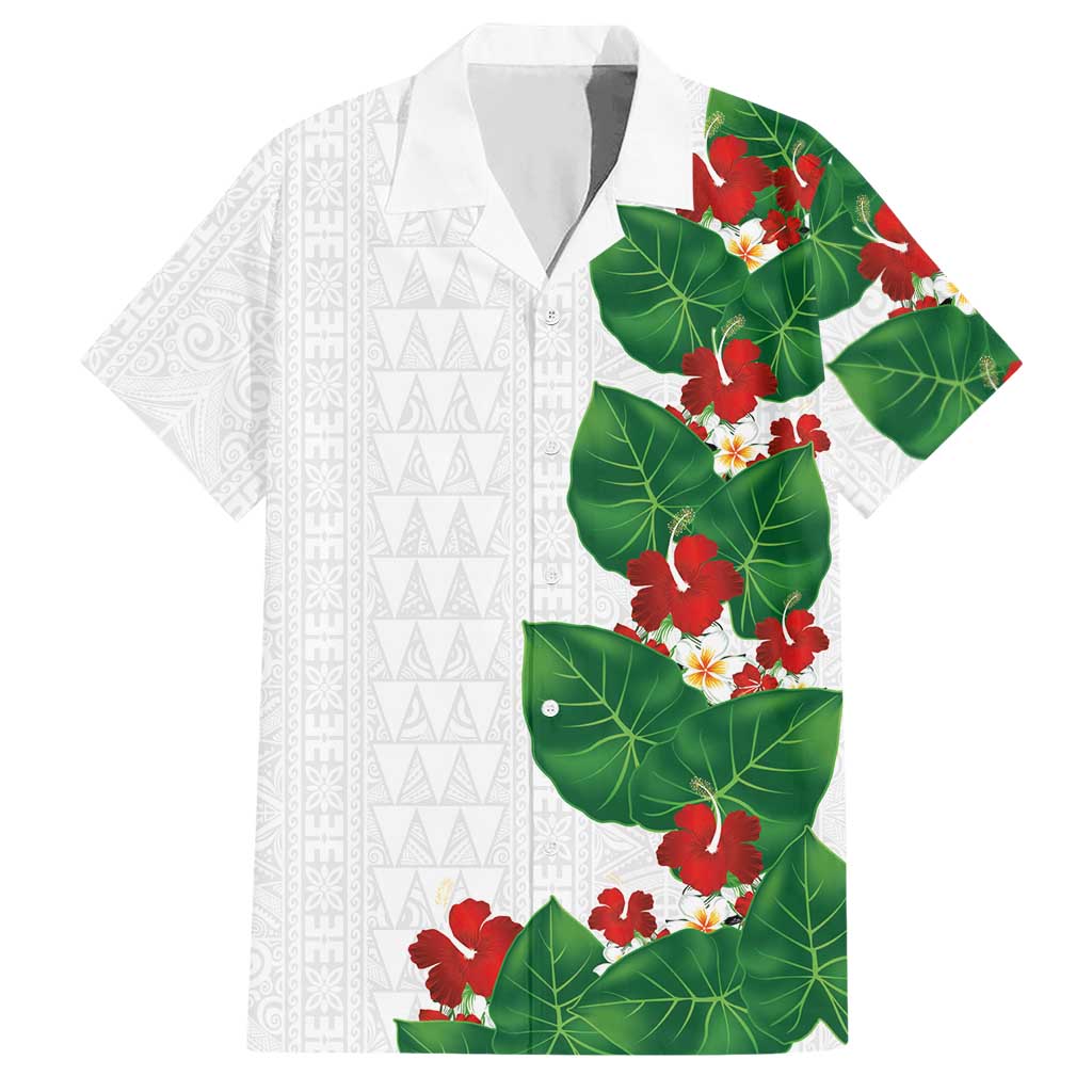 Hawaiian Taro Leaves-Hibiscus and Plumeria Hawaiian Shirt Polynesian Art-Kakau Tattoo White