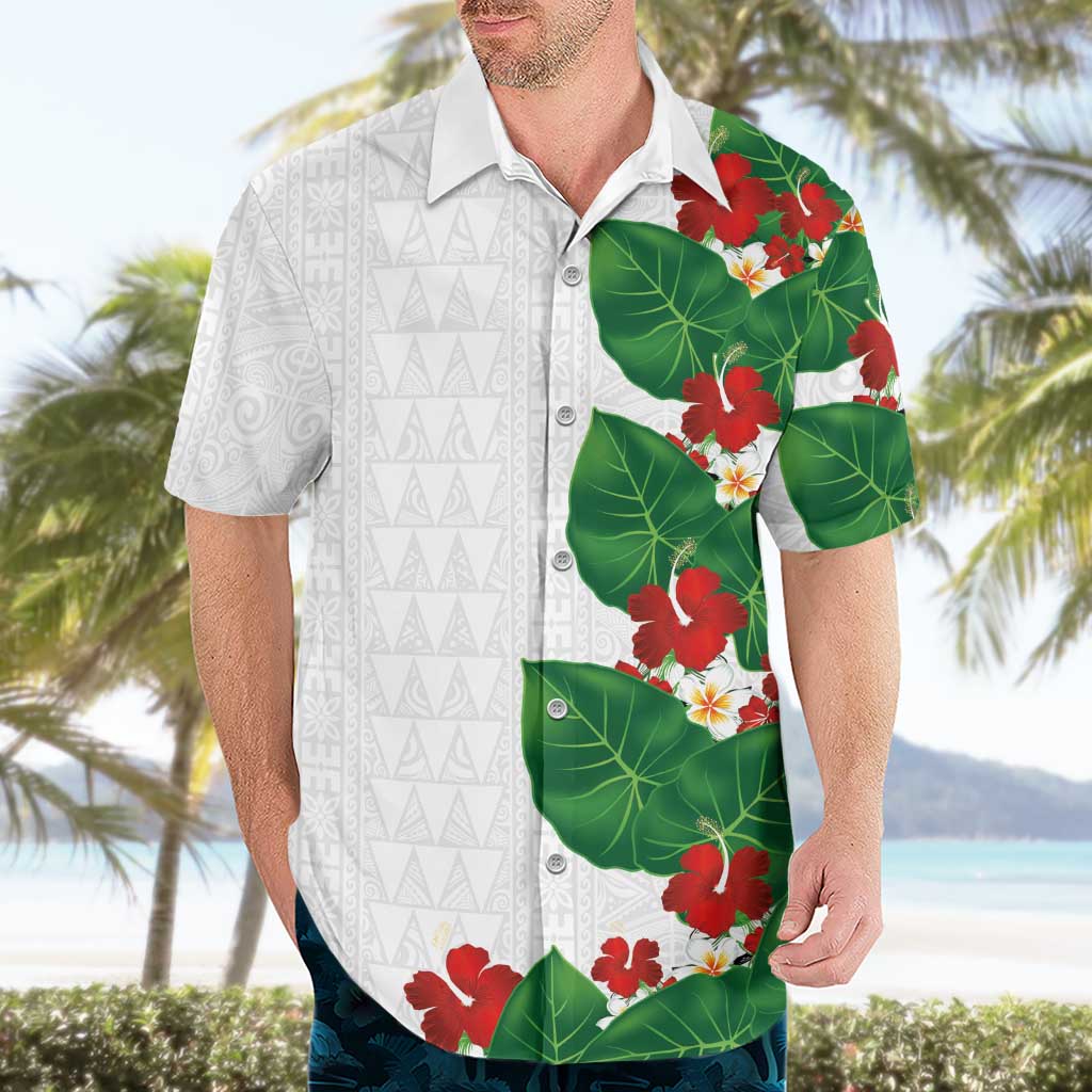 Hawaiian Taro Leaves-Hibiscus and Plumeria Hawaiian Shirt Polynesian Art-Kakau Tattoo White