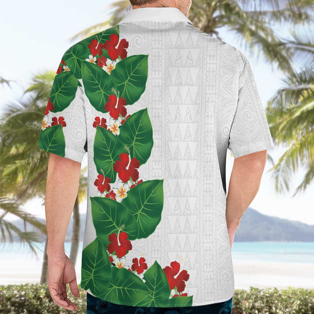 Hawaiian Taro Leaves-Hibiscus and Plumeria Hawaiian Shirt Polynesian Art-Kakau Tattoo White