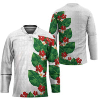 Hawaiian Taro Leaves-Hibiscus and Plumeria Hockey Jersey Polynesian Art-Kakau Tattoo White