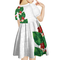 Hawaiian Taro Leaves-Hibiscus and Plumeria Kid Short Sleeve Dress Polynesian Art-Kakau Tattoo White